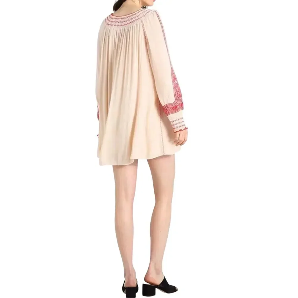 Free People Wind Willow Embroidered Boho Mini Peasant Tassel Indie Dress Size S
